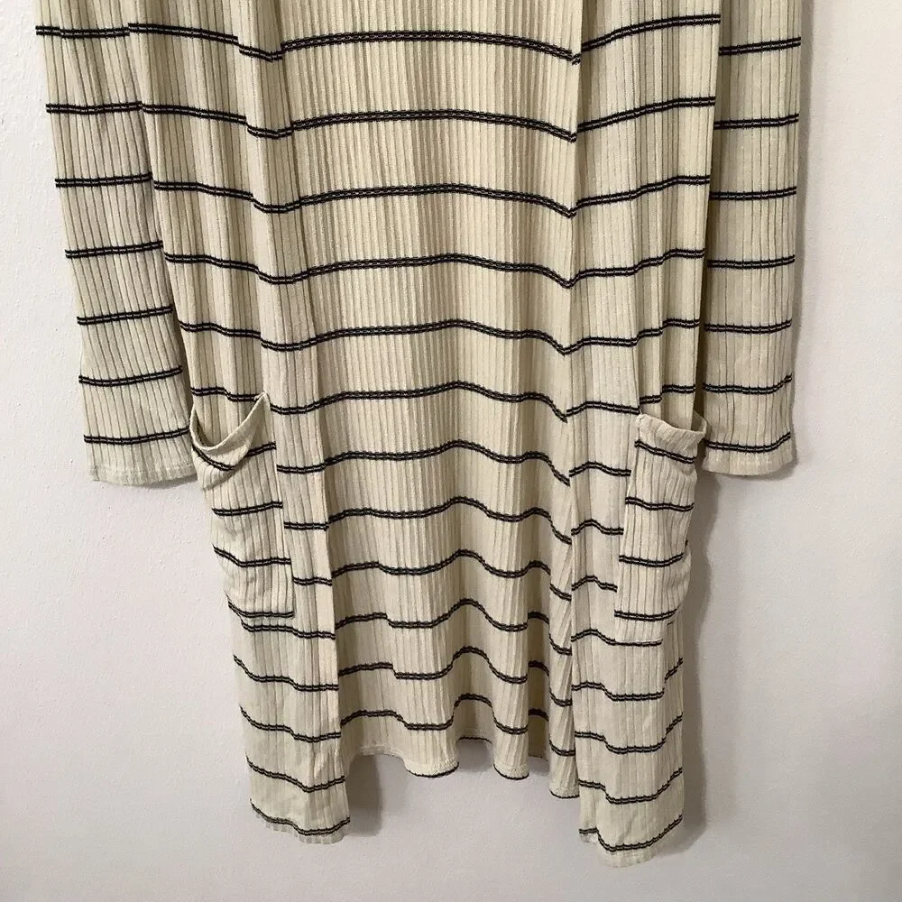 Daytrip Minimalist Chic‎ Cozycore Slouchy Striped Cream Long Open Cardigan Small